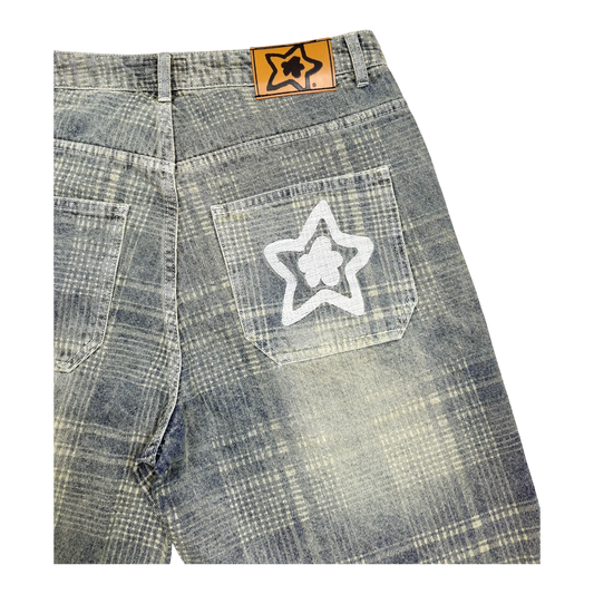 PLAID JEAN SHORTS BLUE